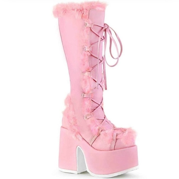 Demonia Camel-311 Baby Pink Pale Pink Faux Fur Boots women’s size 10 pastel - Picture 1 of 4
